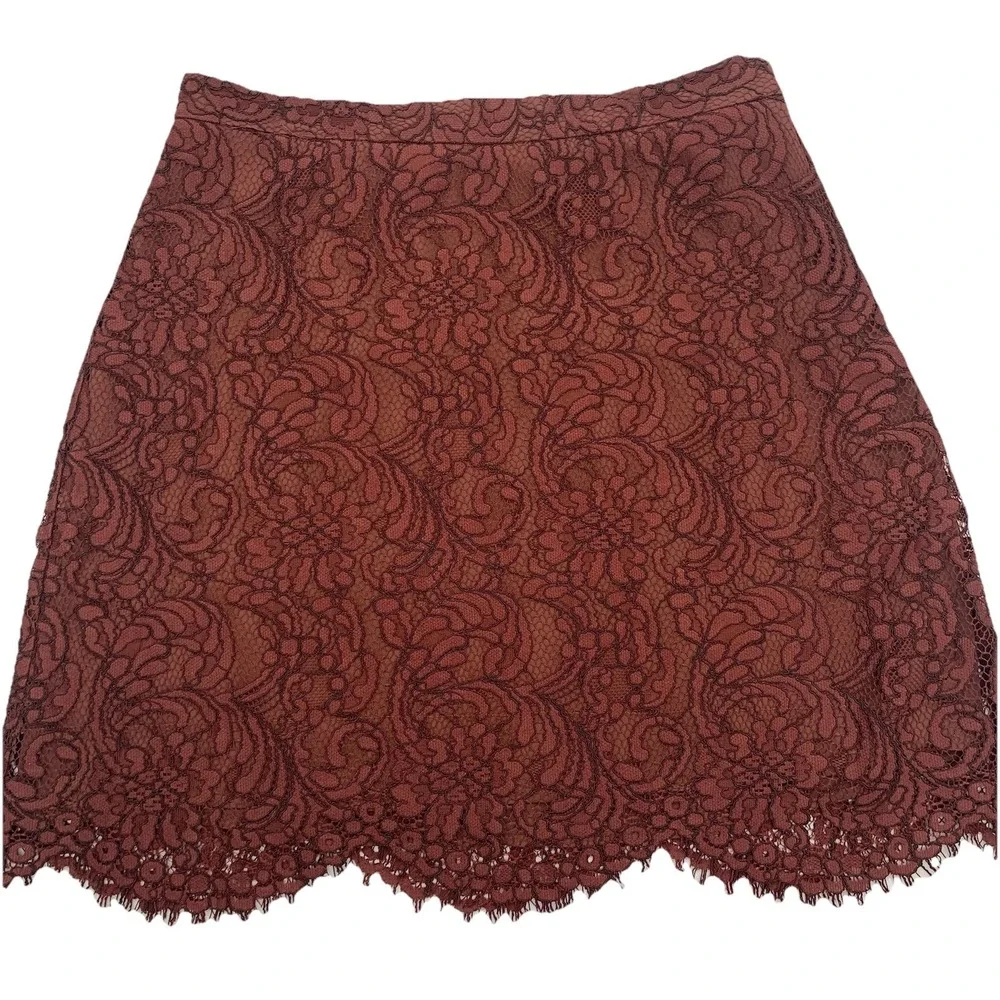 Wilfred Brown Lace Mini Skirt Lined Scallop Fringe Hem Sz 4 Floral Design Event‎